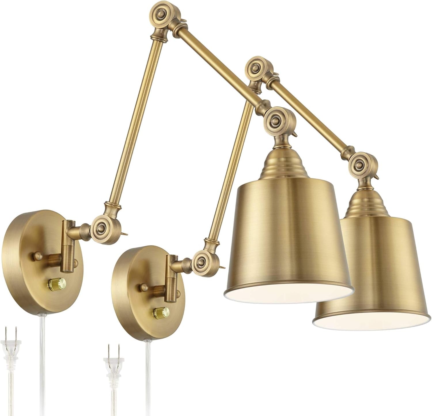 Antique brass swing-arm wall lamps pair, front angled view with clear cords and plug ends visible