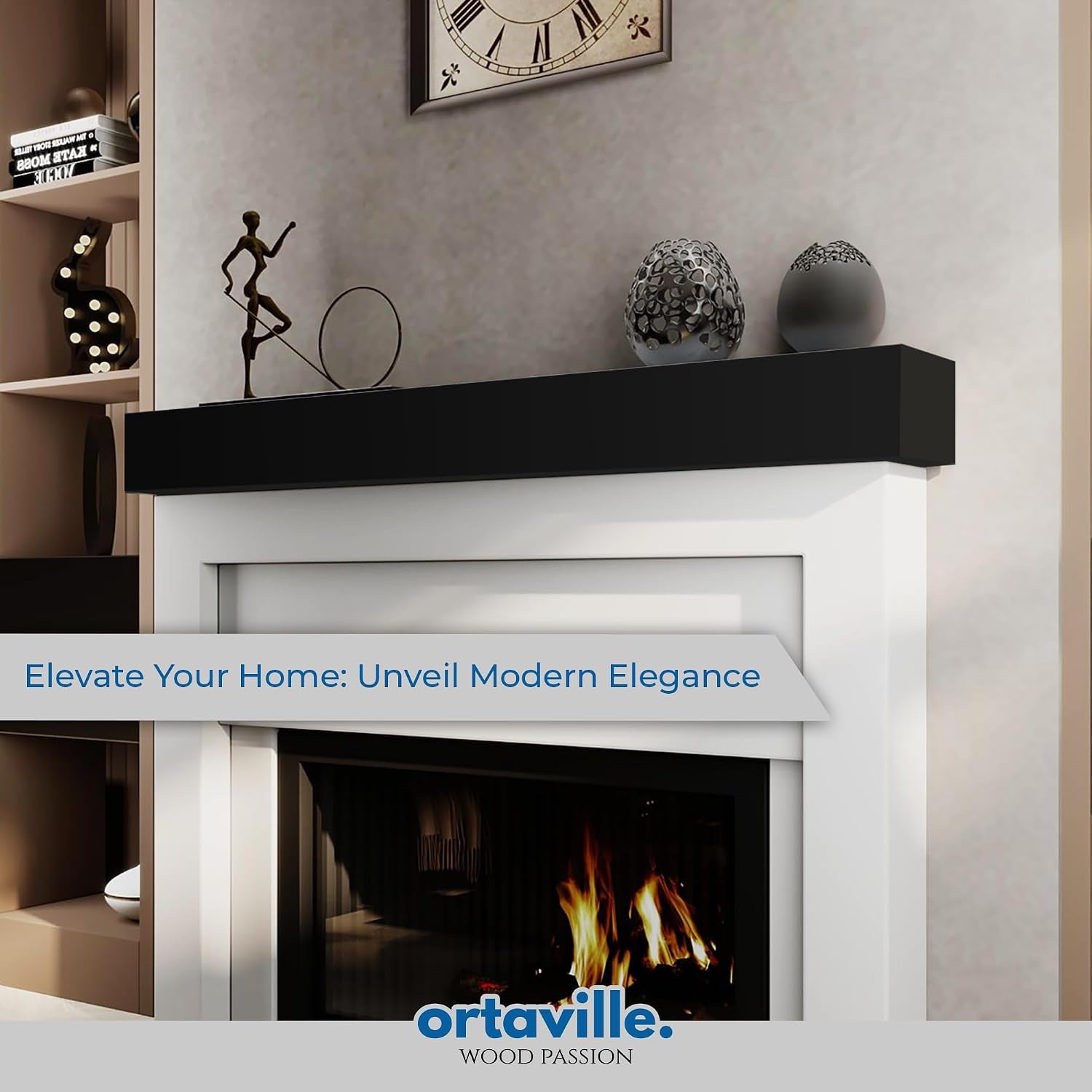Black floating mantel styled with decorative sculptures sitting above a white fireplace with a burning fire.