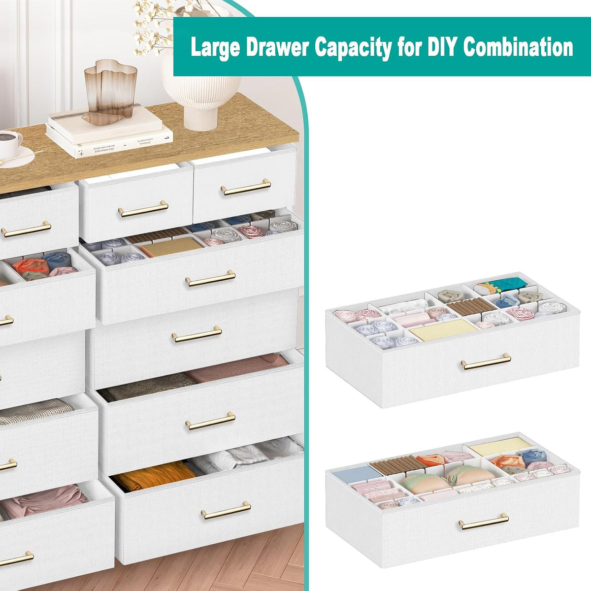Open white dresser drawers with clothing and organizer tray illustrations