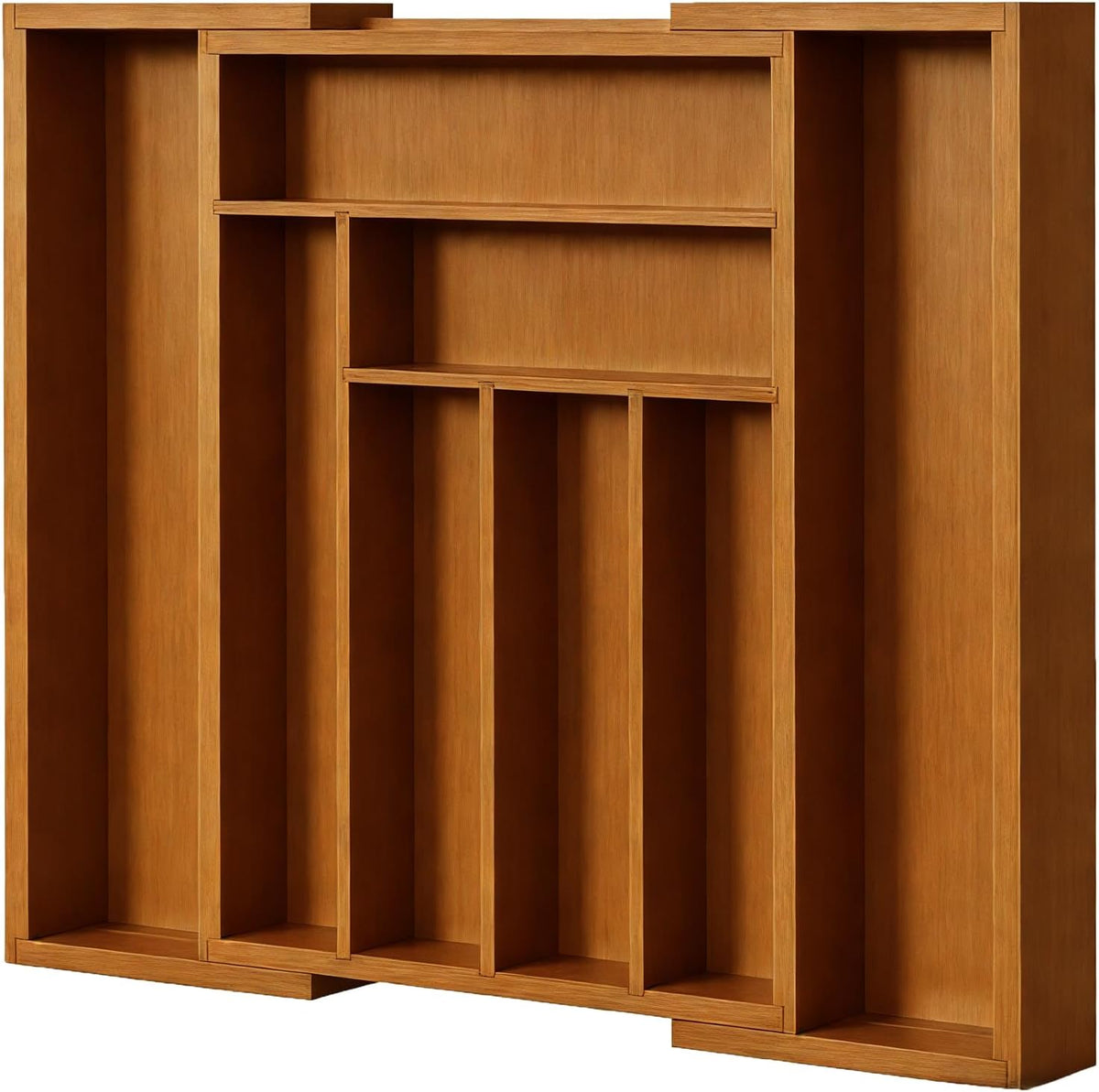 Close-up of the tray in a warm wood finish showing vertical dividers and three small front slots.