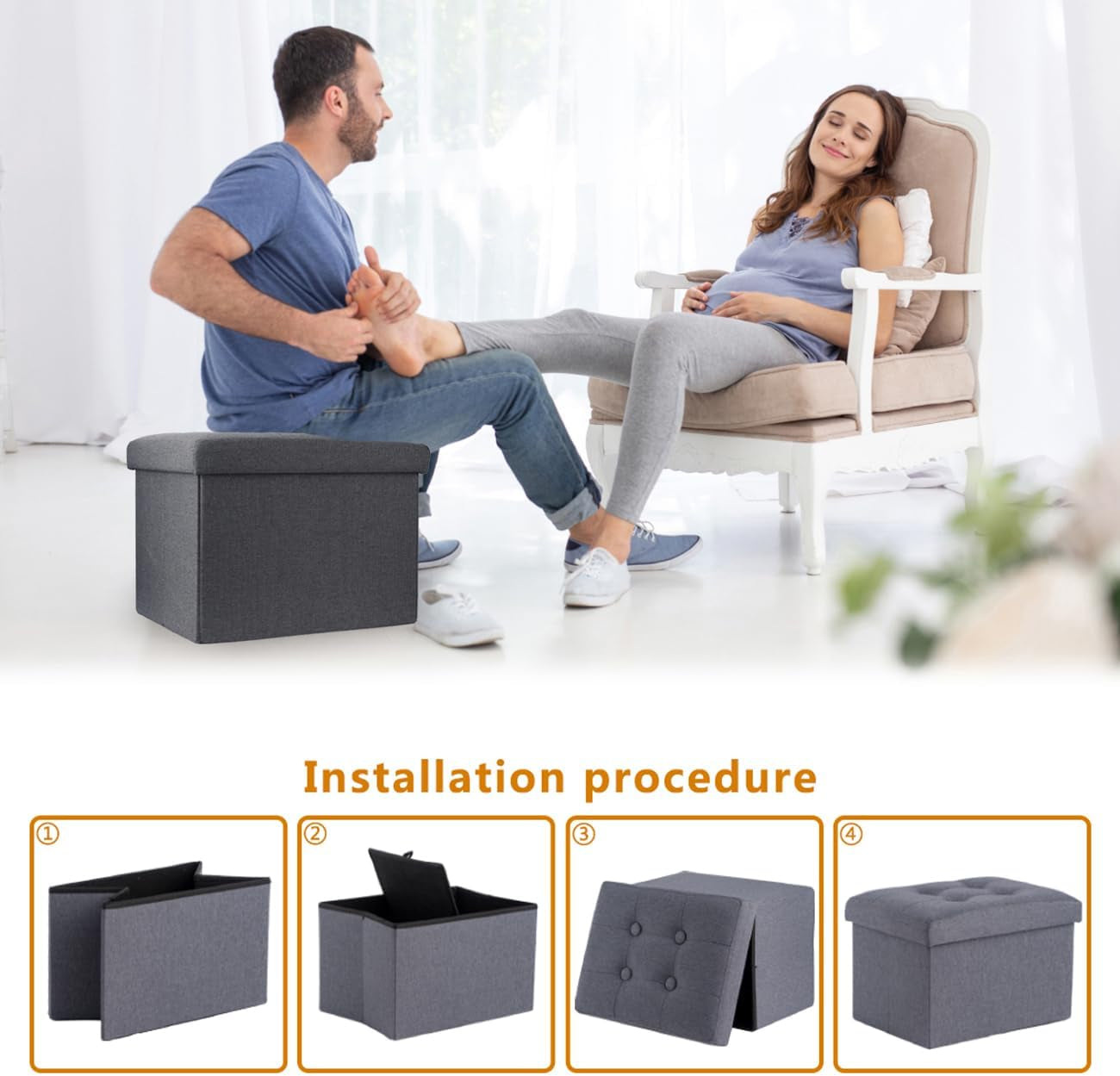 Lifestyle scene and four-step installation graphics showing foldable ottoman assembly and use