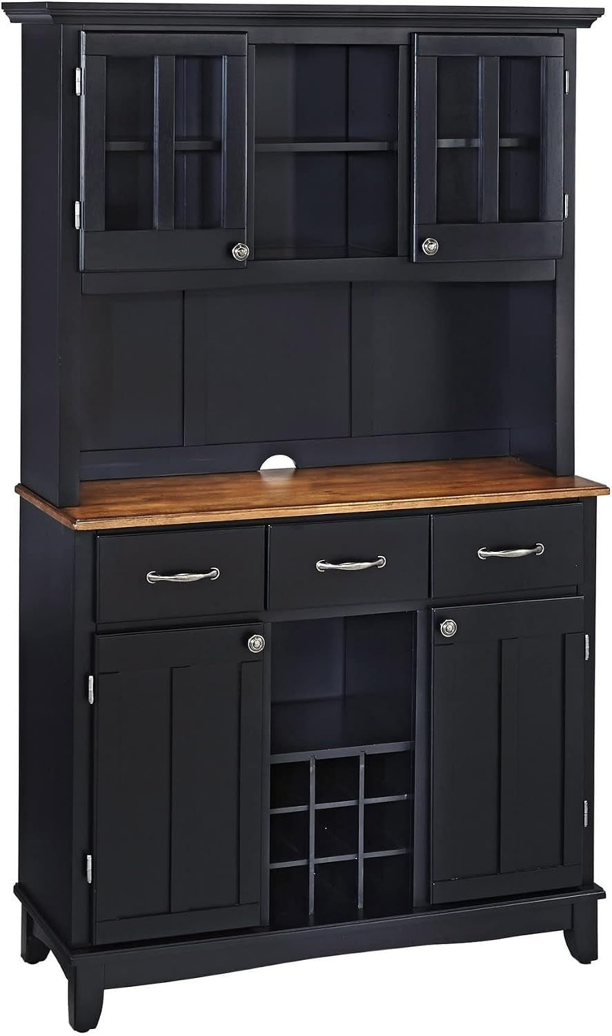 Server with attached hutch front view showing hardwood top, glass-front upper cabinets and lower wine storage