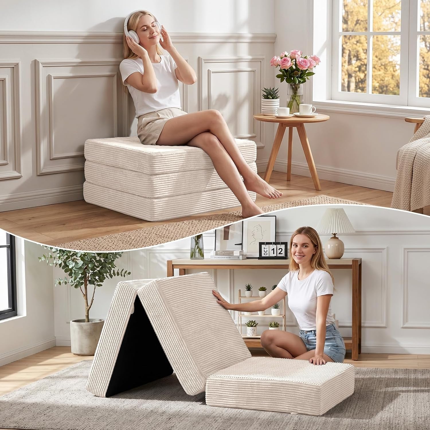 Cream-colored tri-fold mattress shown stacked as a low bench and partly folded into a tent shape in a bright room.