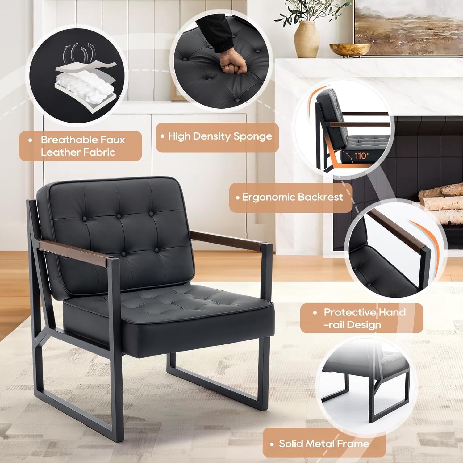 Graphic highlighting breathable faux leather, high-density sponge, ergonomic backrest and solid metal frame features