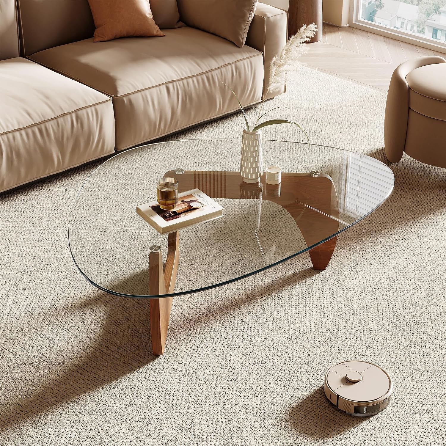 Triangle glass coffee table with natural wood MDF legs angled front view in a living room setting
