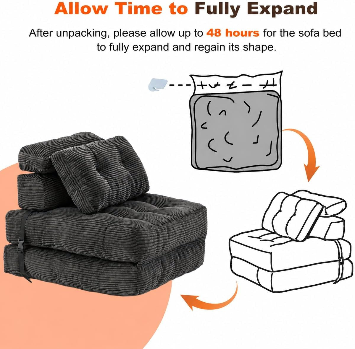 Instructional image showing the sofa bed compressed in packaging and a diagram illustrating allowing time to fully expand