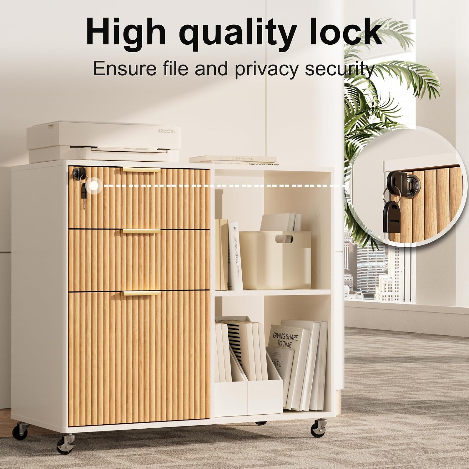 White and oak cabinet with lock cylinder and keys installed on the upper drawer beside open shelves