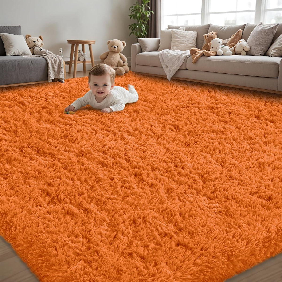 Round bright orange shag rug with a baby lying on it in a cozy living room