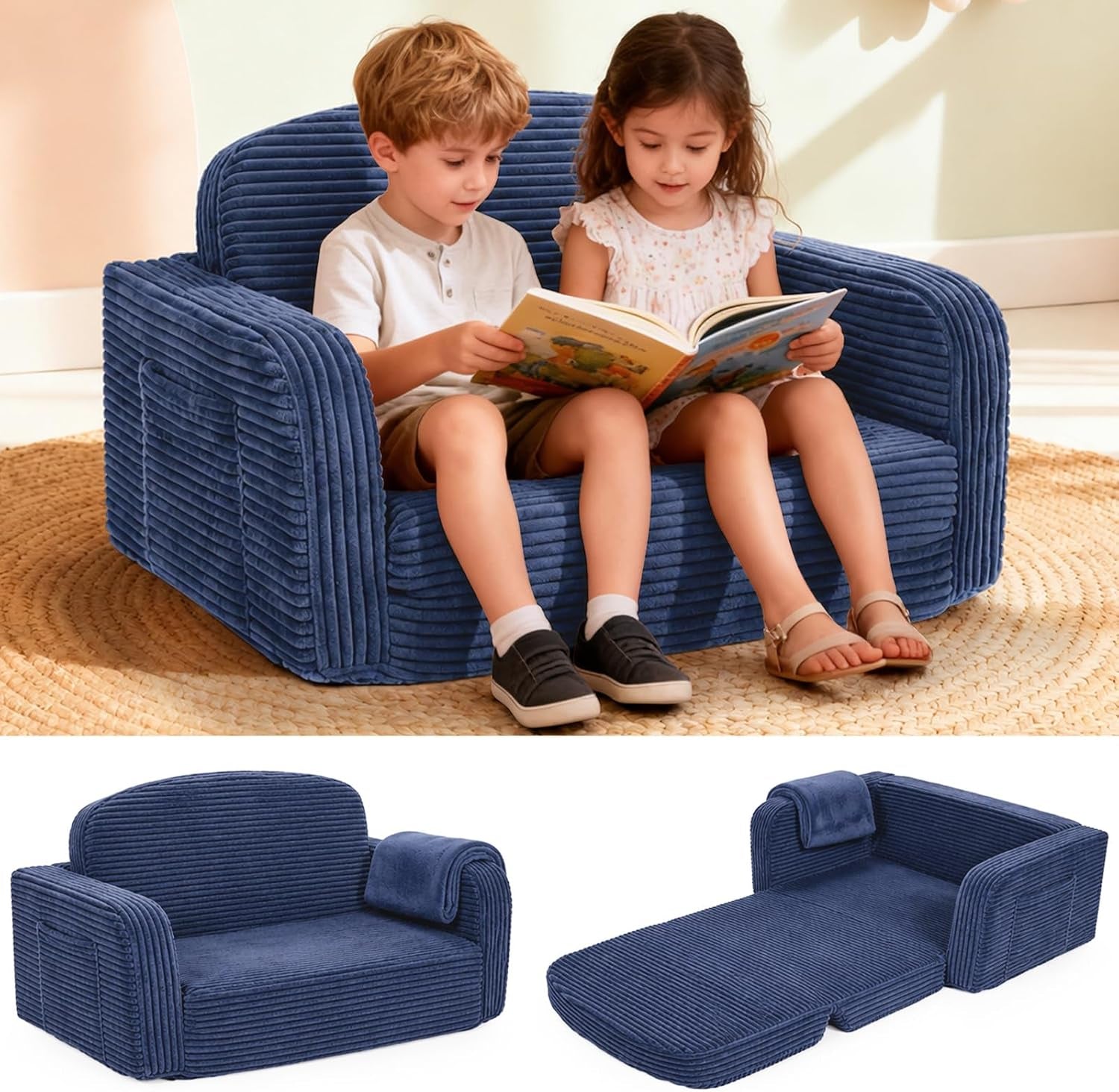 Deep blue corduroy toddler sofa with two children reading, plus matching sofa and unfolded bed product shots below.