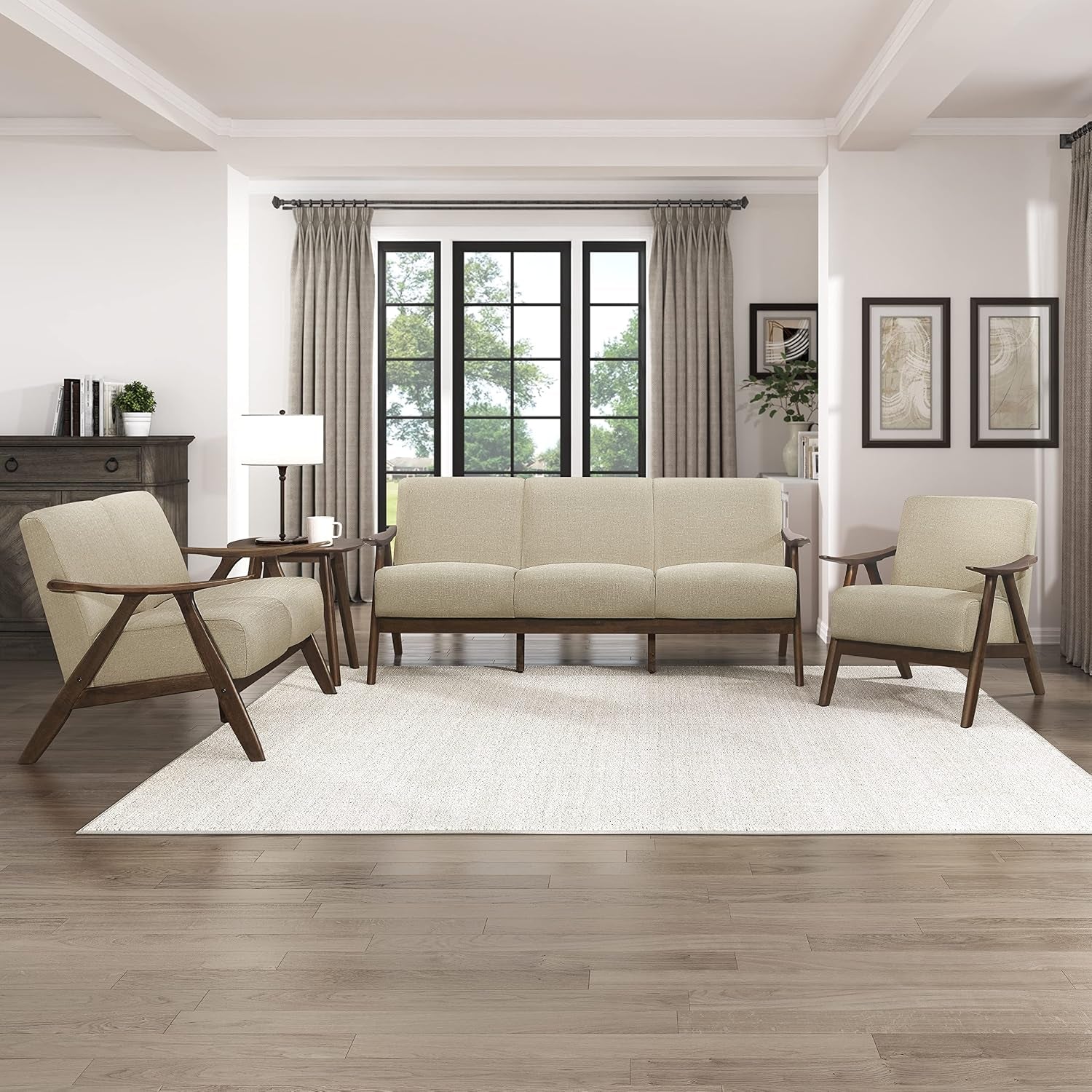Front-facing view of the chair paired with sofa and loveseat in a sunlit room with large windows.