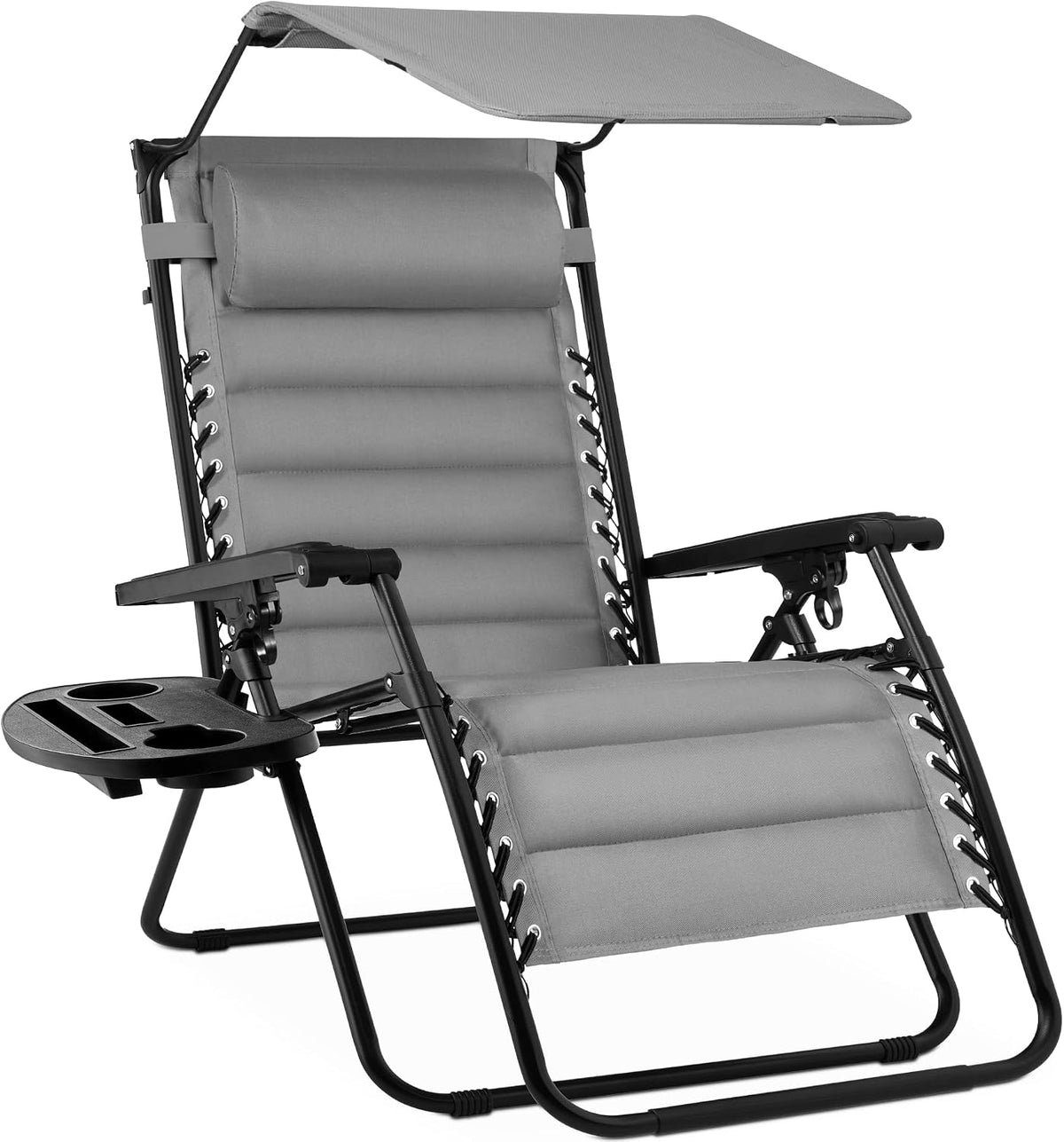 Gray padded zero-gravity recliner with canopy, cup tray and adjustable head pillow