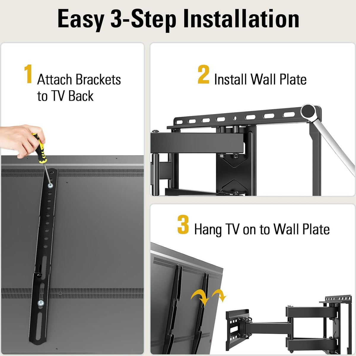 Four-panel montage showing attaching brackets to TV, installing the wall plate, and hanging the TV on the mount.