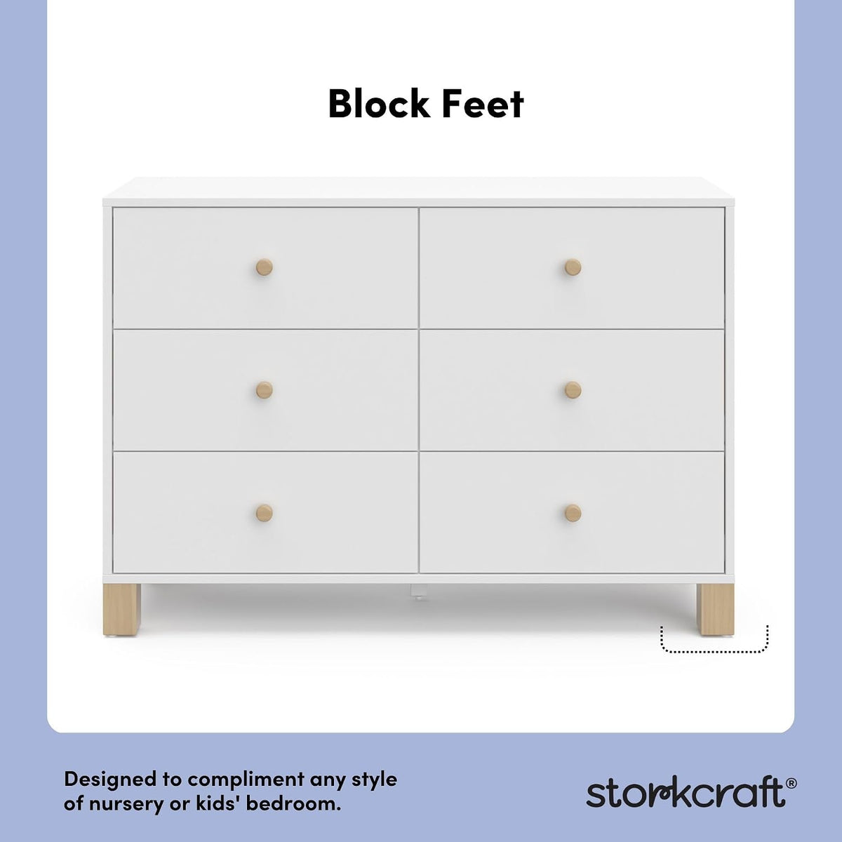 Front view of a six-drawer white dresser with light wood knobs and block feet.