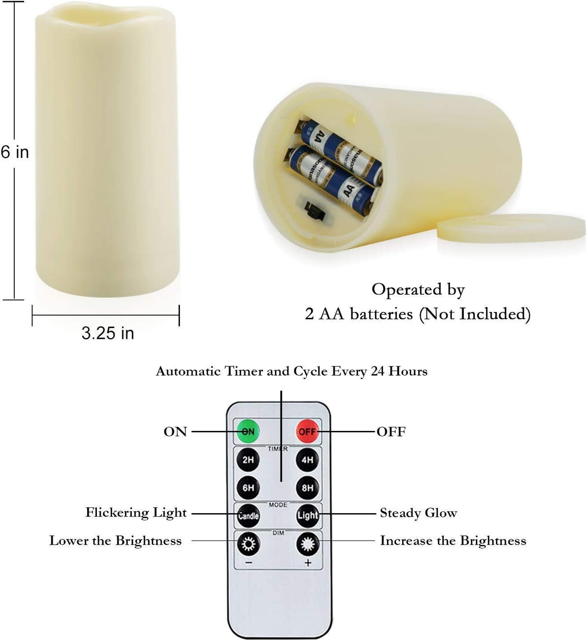Front and underside views of a single ivory pillar showing height/width lines and an open base with AA batteries.