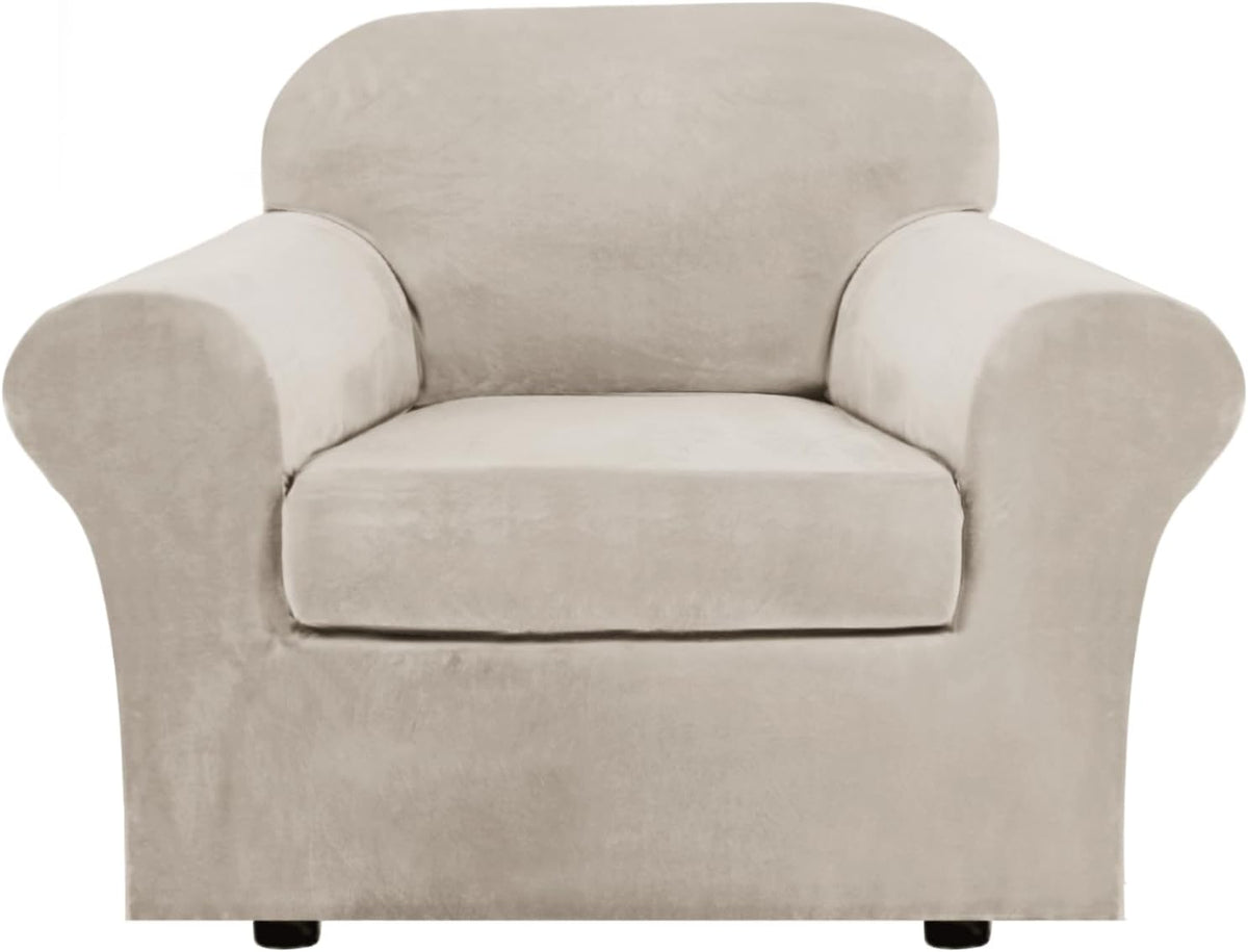Front-facing single armchair in light beige velvet showing rounded arms and exposed short black legs.