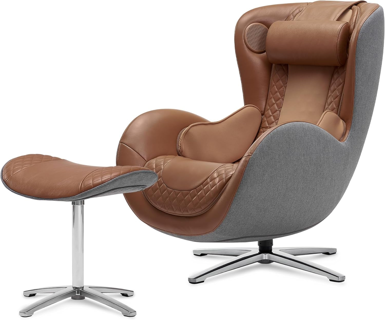 Caramel leather massage chair with gray fabric outer shell and quilted accents, shown with matching ottoman.