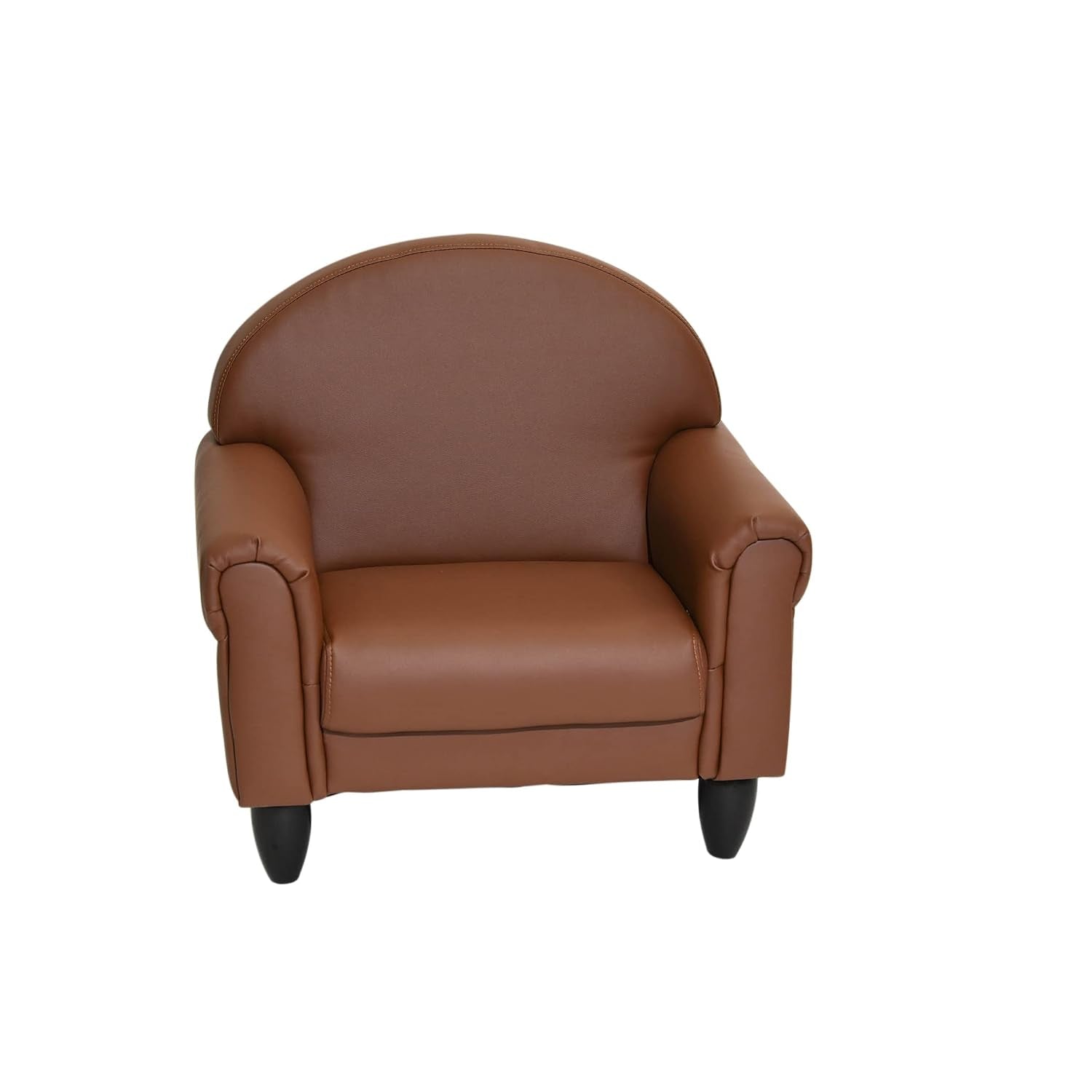 Front view of a single brown kids armchair with rounded back and dark tapered legs.