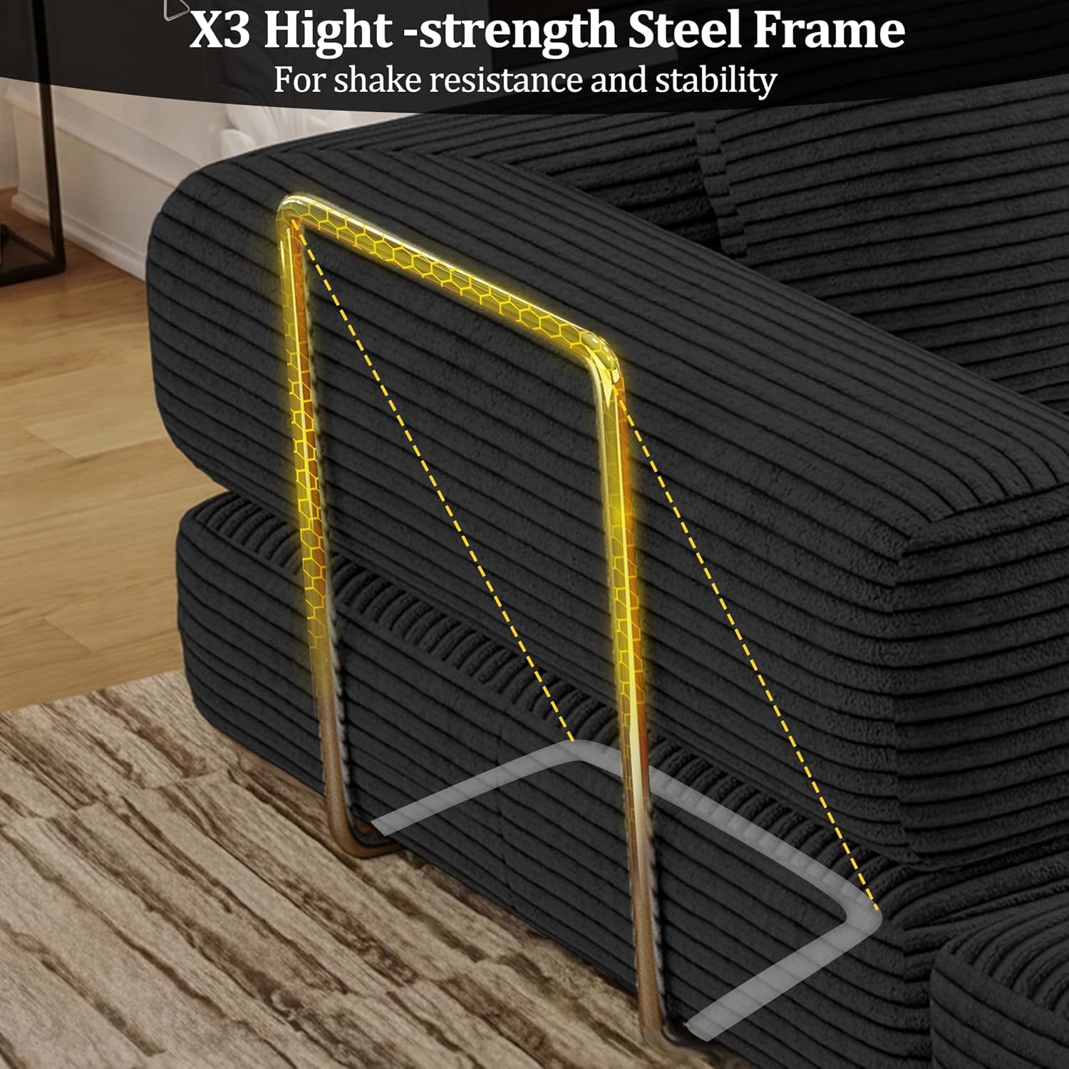 Close-up of steel support rail at the side of the black corduroy sofa armrest