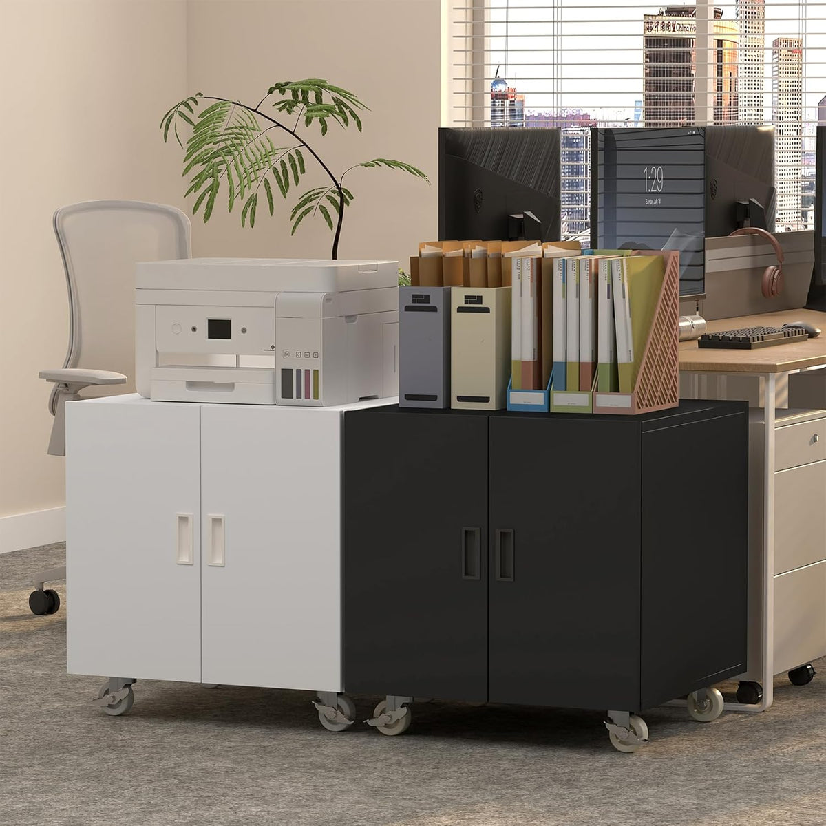 White and black metal cabinet printer stands side-by-side in an office with printers and file organizers on top