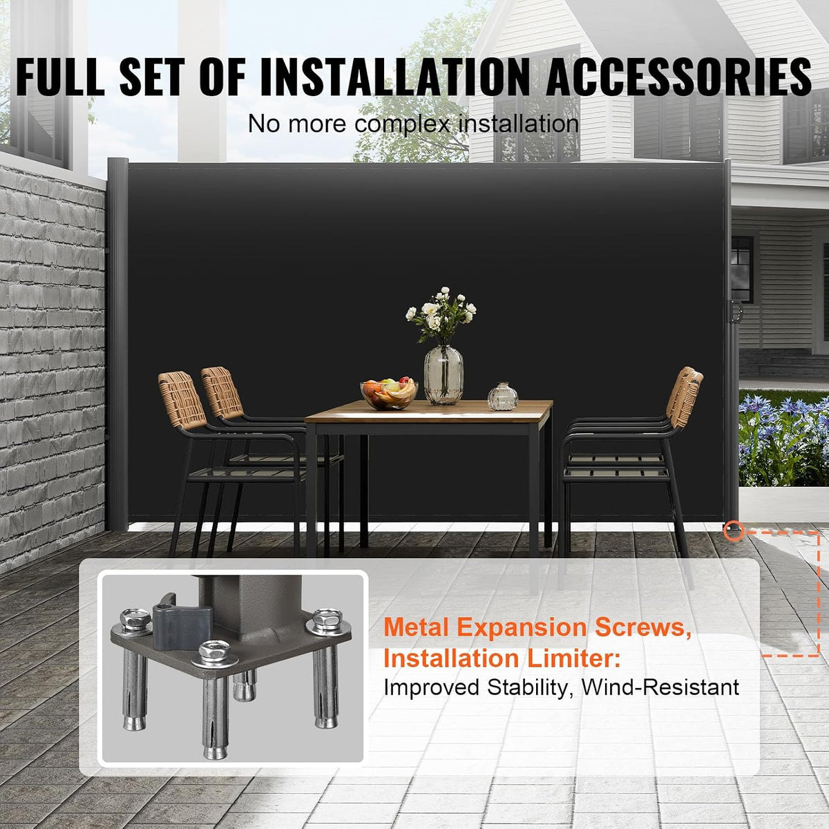 Extended black awning on patio with close-up of metal expansion screws and floor mounting base