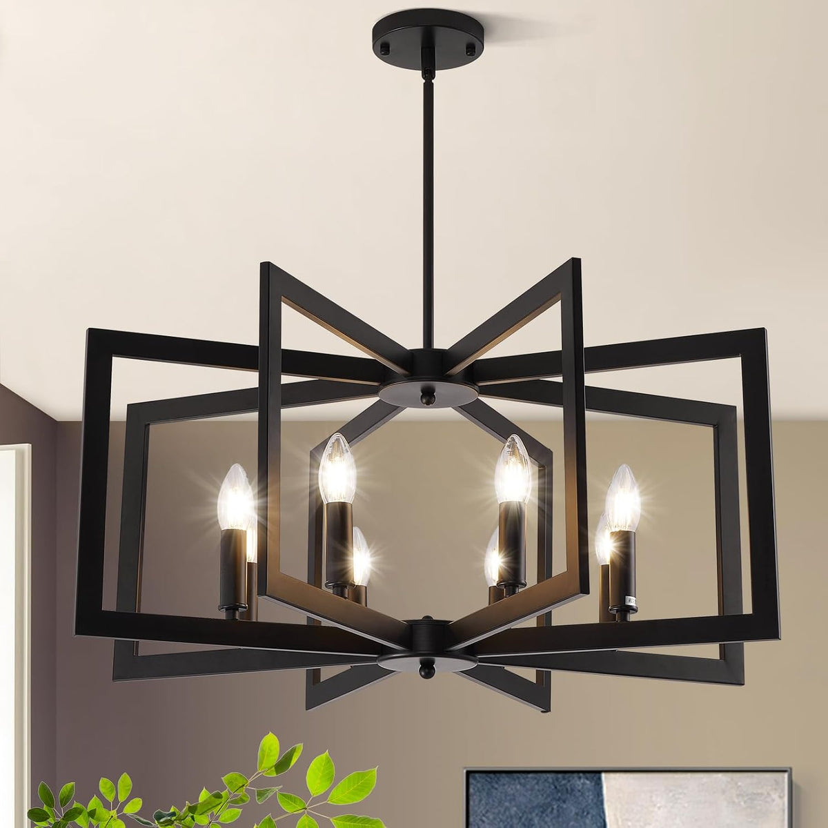 Black geometric frame chandelier with six candle-style bulbs arranged in a hexagonal pattern.