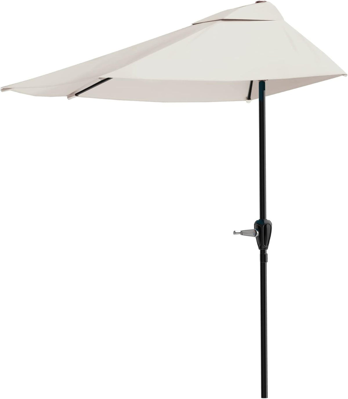 Cream half-canopy umbrella viewed from the side with black pole and crank on a white background
