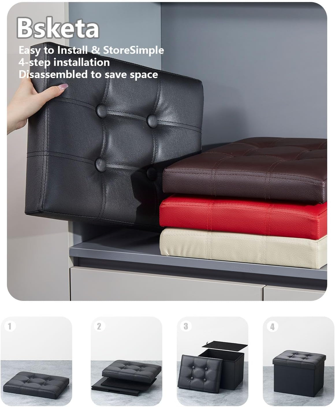 Hand placing a black tufted ottoman lid beside stacked brown, red, and cream folded lids on a shelf