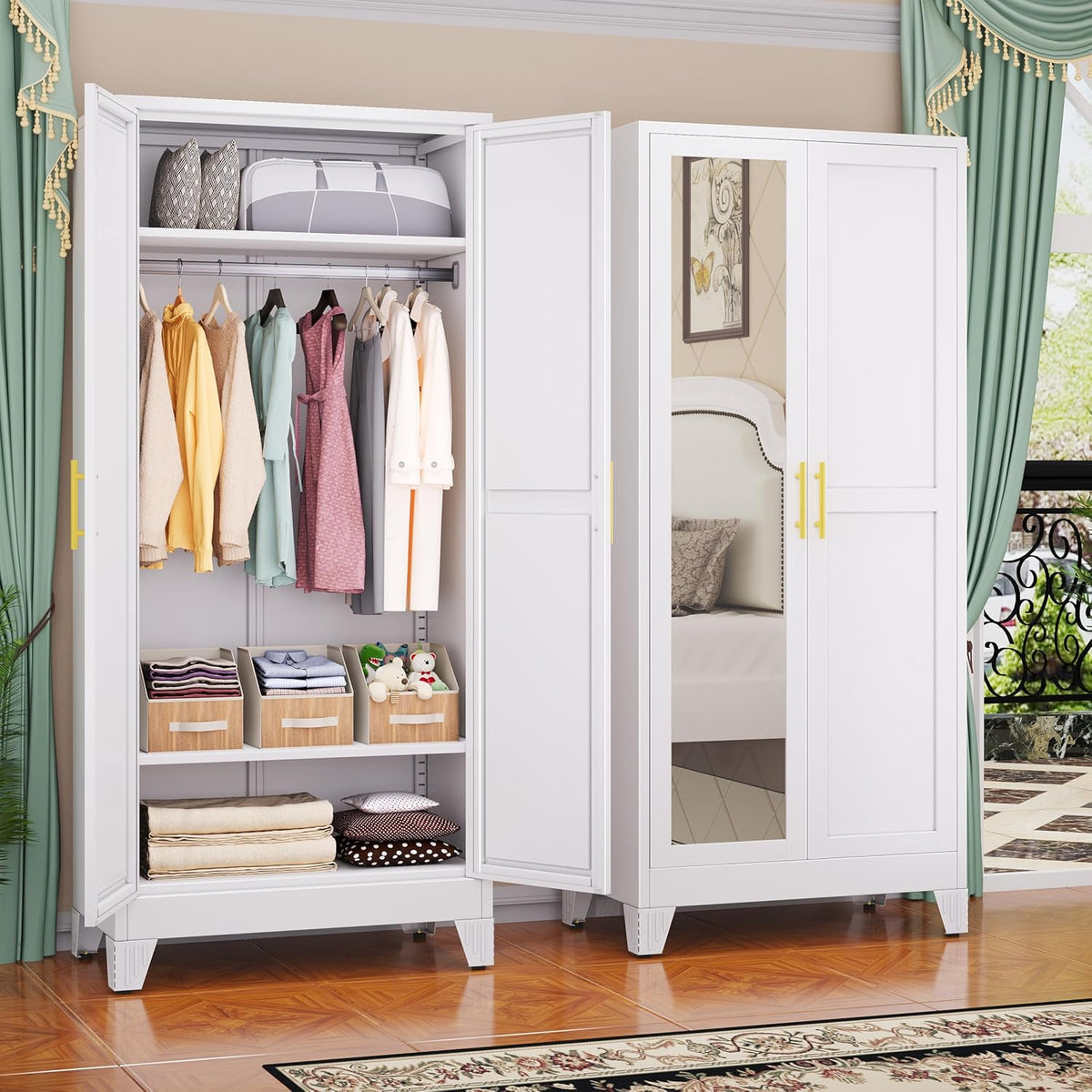 White two-door metal wardrobe open to show hanging clothes, shelves with boxes and folded linens; mirrored adjacent cabinet