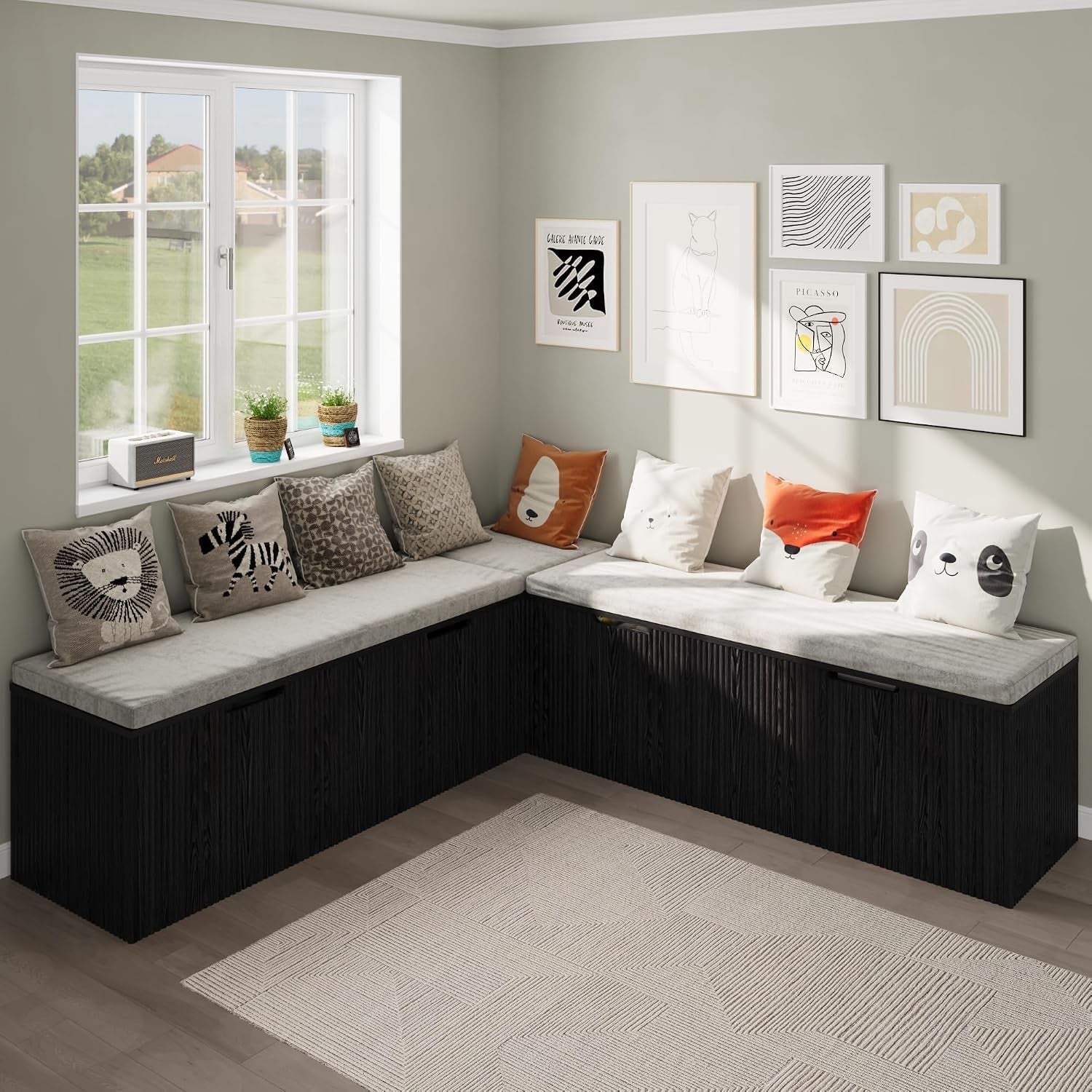 Black L-shaped corner bench with light grey velvet cushions shown in a styled dining nook, angled front view