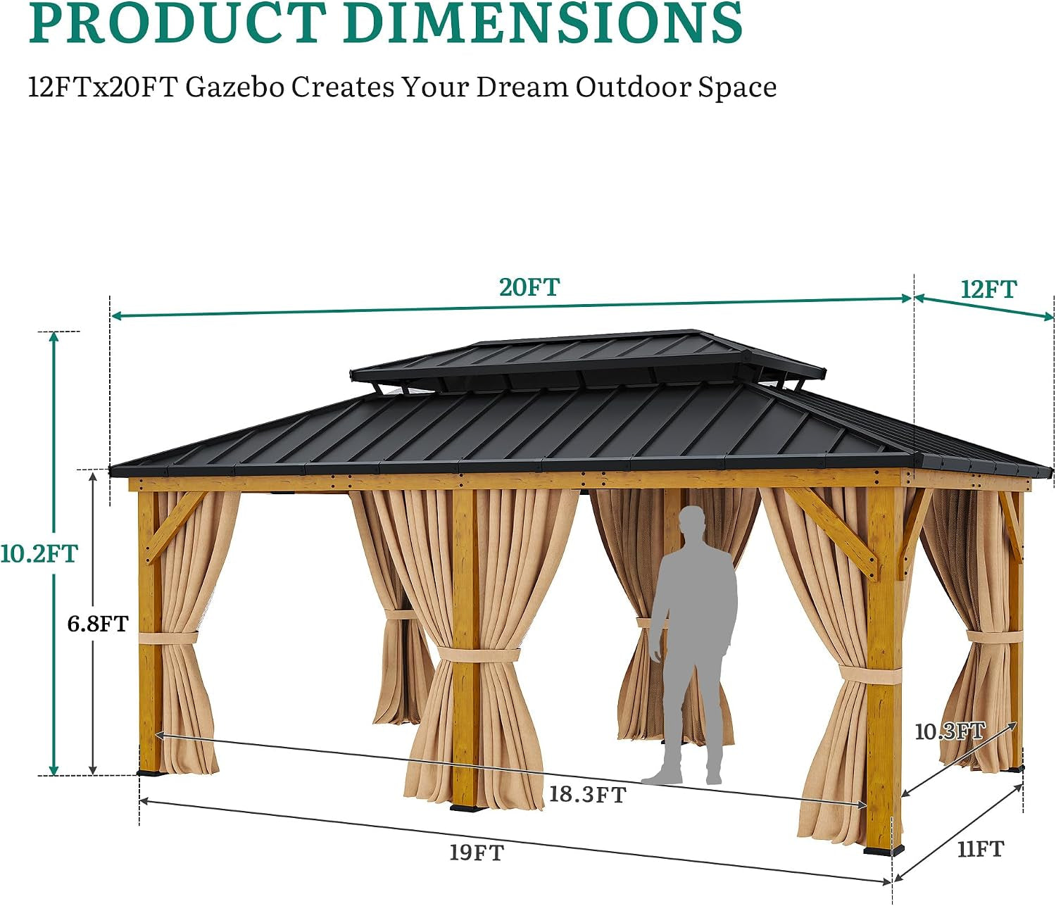 Dimension diagram of the 12x20 gazebo showing footprint, clearances, and labeled height and width measurements