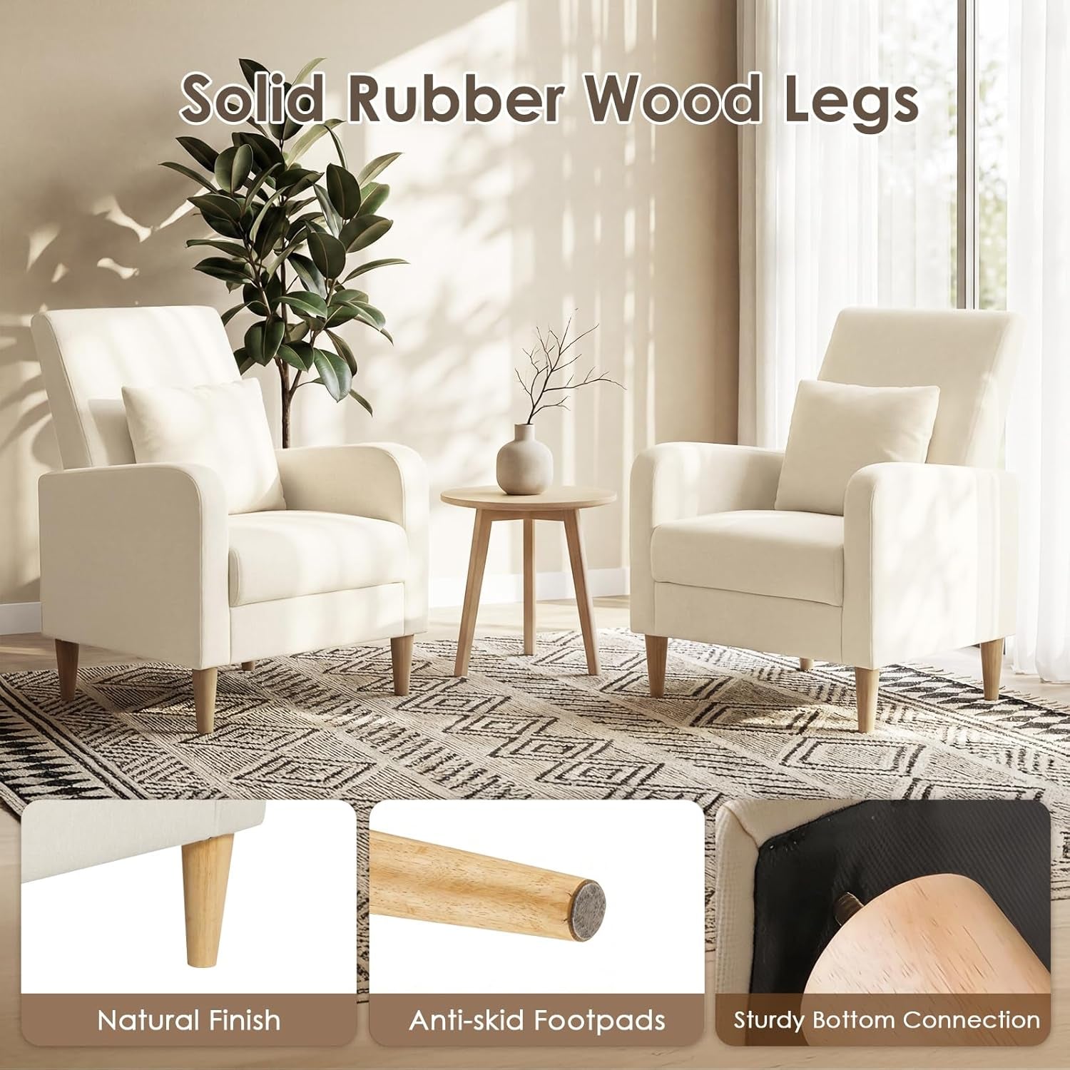Two beige chairs highlighting natural-finish solid wood legs with anti-skid footpads close-up