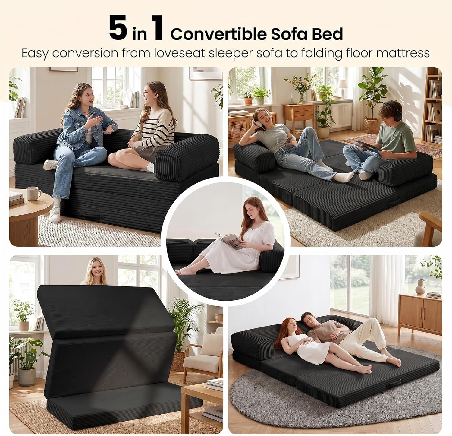 Collage of the futon in multiple configurations including loveseat, flat mattress, and upright storage