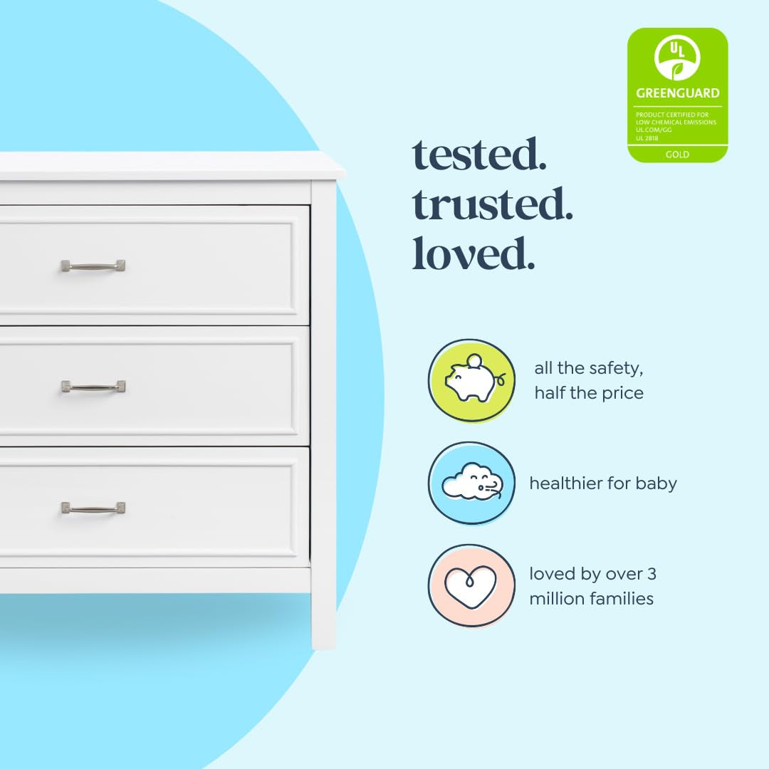 Close-up of white dresser lower drawers beside graphic icons and a GREENGUARD Gold certification badge
