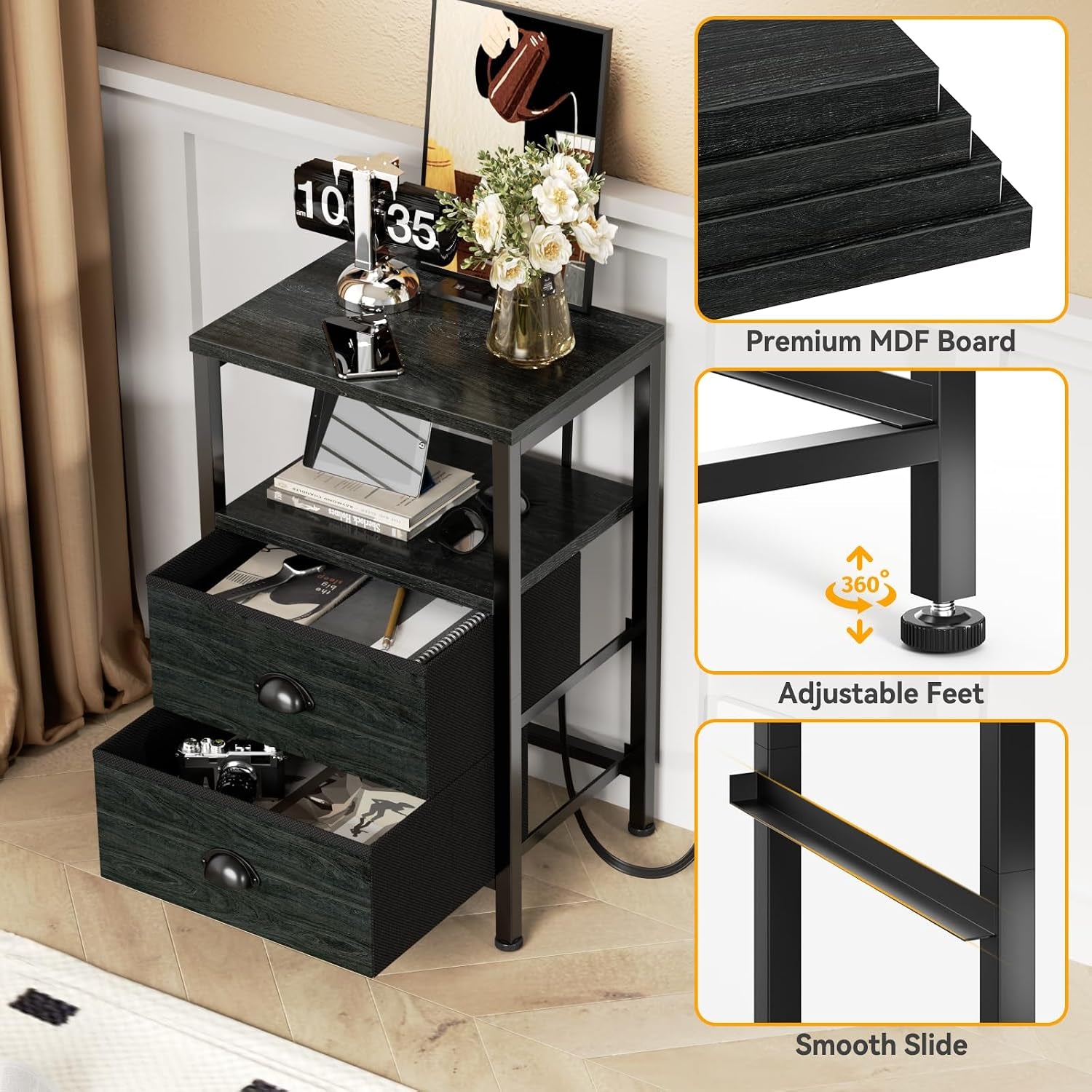 Angled view of nightstand showing two fabric drawers open, middle shelf, and inset insets highlighting board, feet, slide.