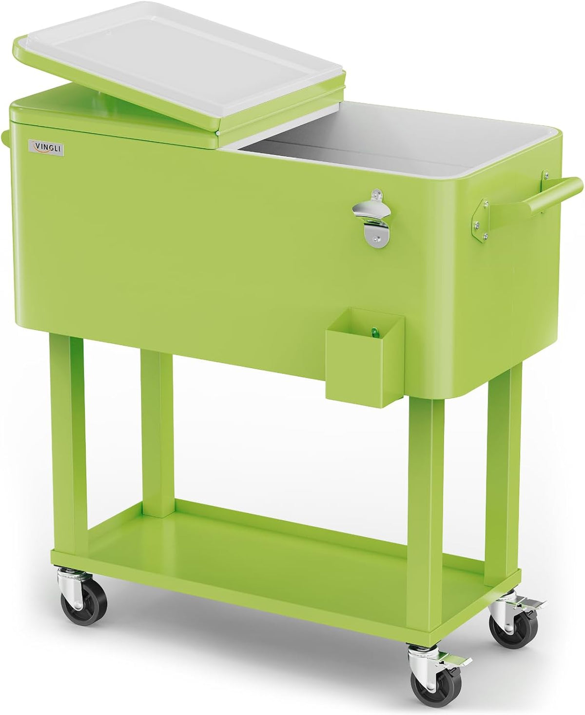 Lime green rolling cooler on matching green stand with lid open and a small exterior box attached to the side.