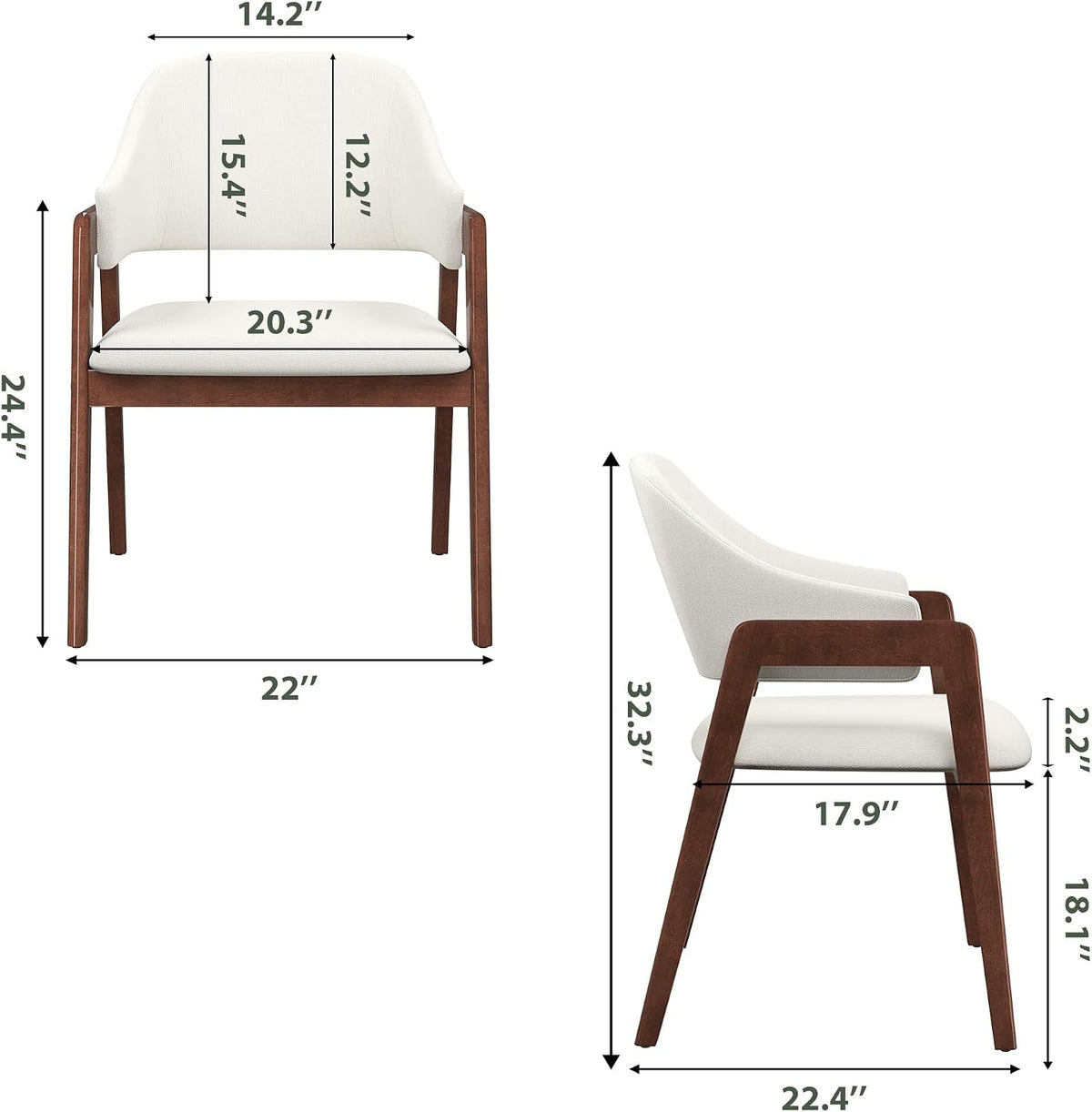 Front and side views of an upholstered chair showing measurement overlays on a white background
