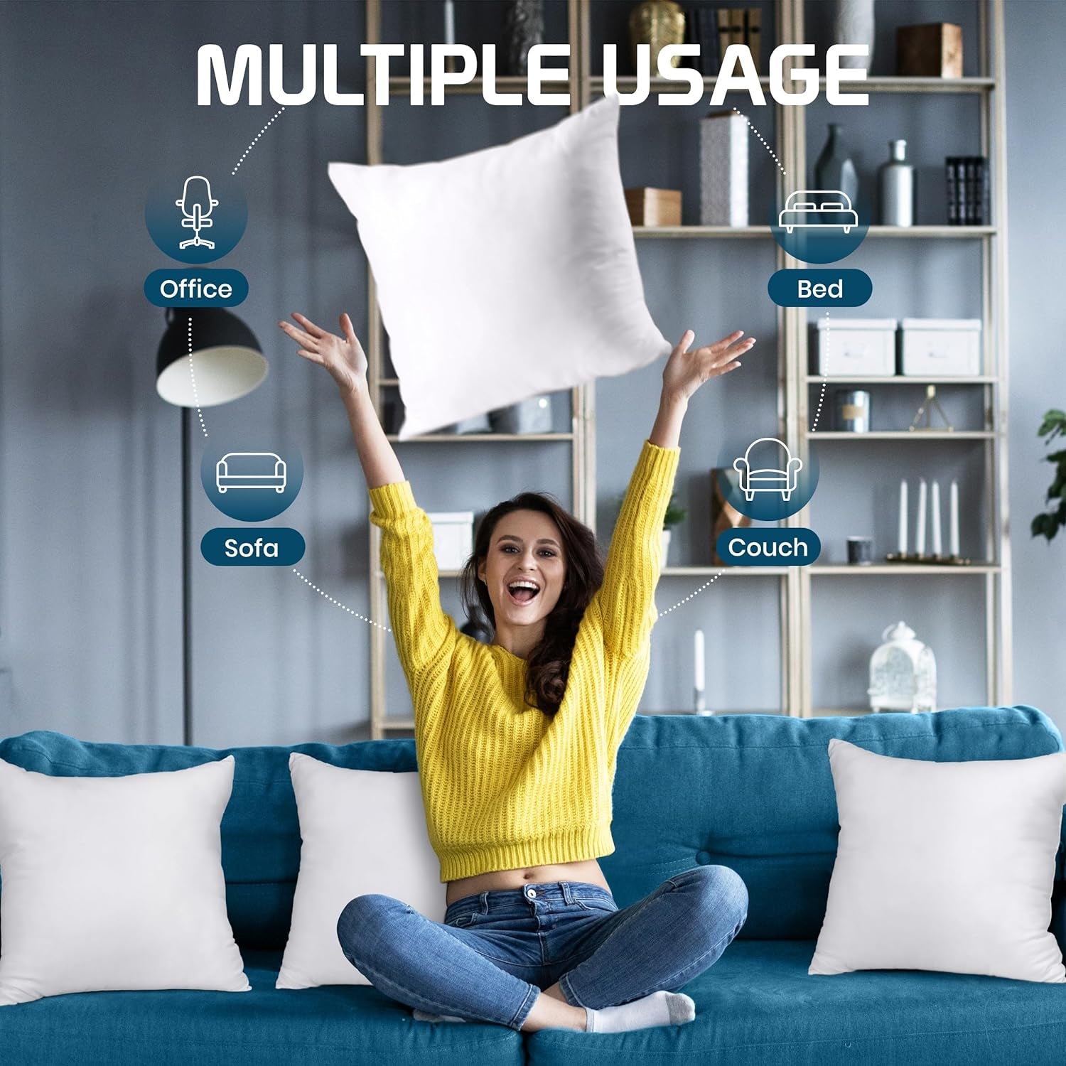Woman tossing a white pillow insert above a teal sofa with usage icons for office, sofa, bed and couch