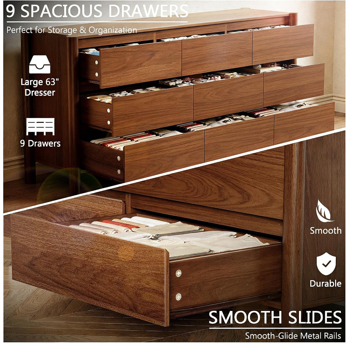 Open walnut-finish dresser drawers showing storage space and metal drawer rails