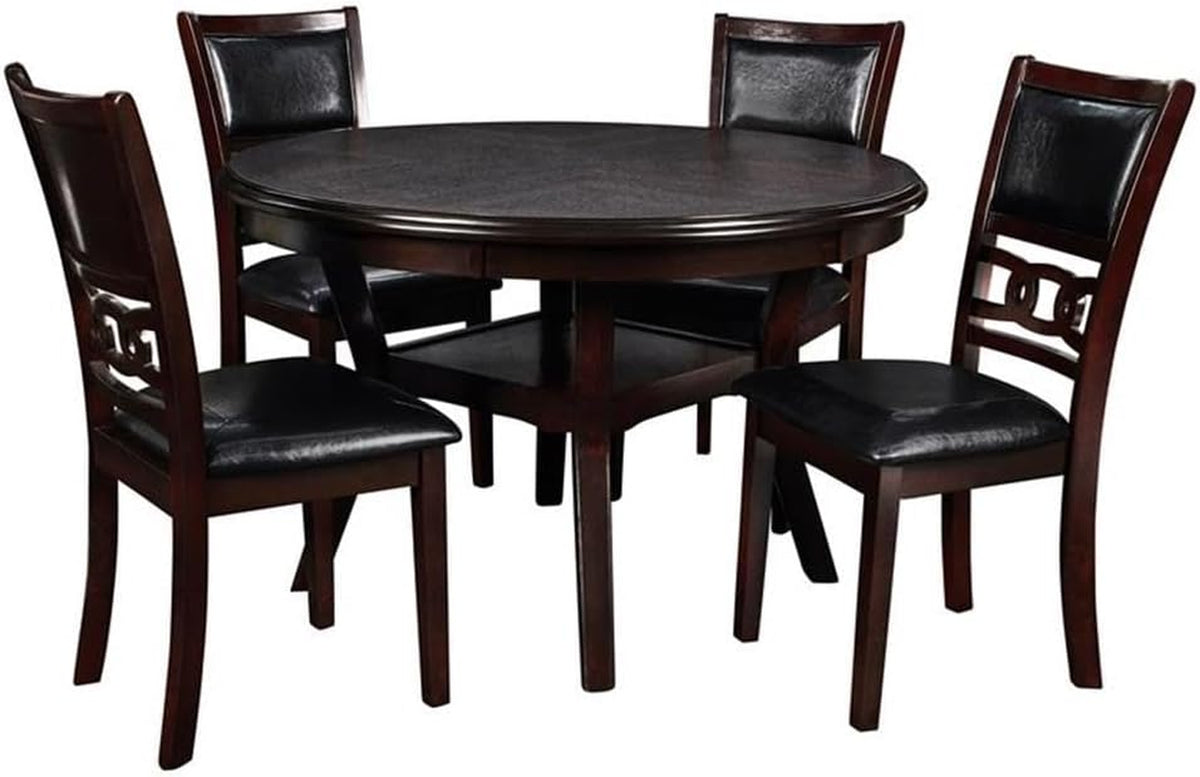 Five-piece round dining set with a dark wood round table and four chairs with black upholstered seats.