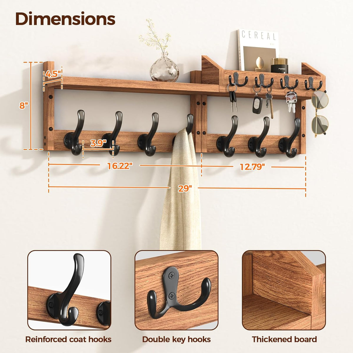 Front view of the wooden wall rack with orange measurement lines and close-up inset images of hooks and board