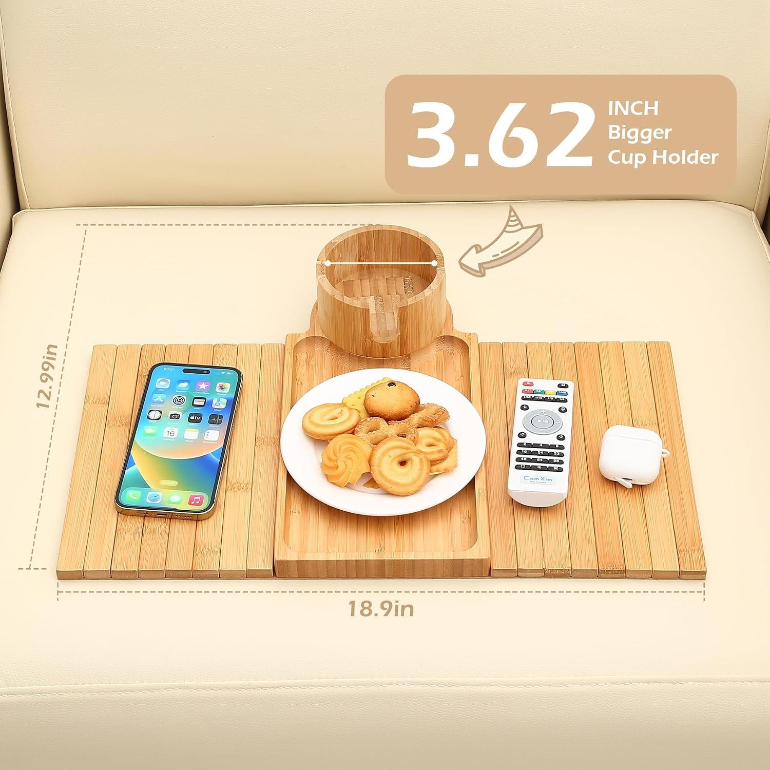 Top-down view of the tray showing the layout with a 3.62 inch cup holder and slots for phone, plate and remote visible