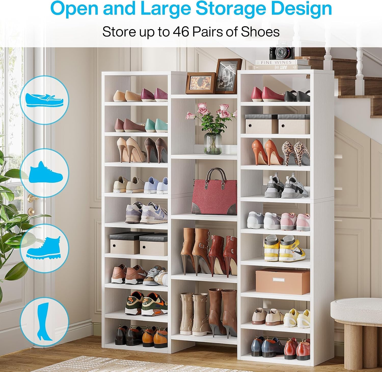 Promotional view of the white shoe rack showing open shelves storing sneakers, heels and boots with graphic icons