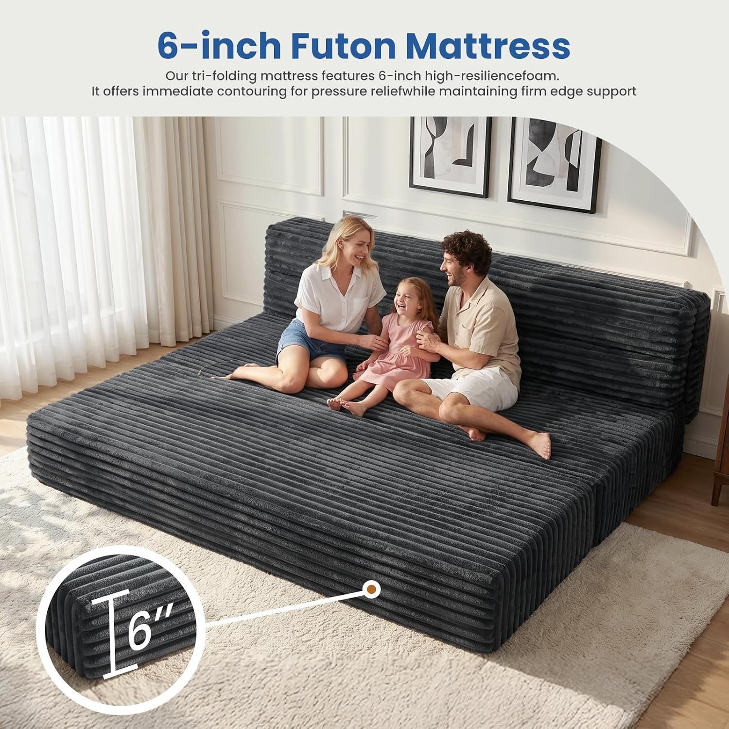 Wide view of the 6-inch high-resilience foam tri-fold futon used as a large floor mattress with family sitting
