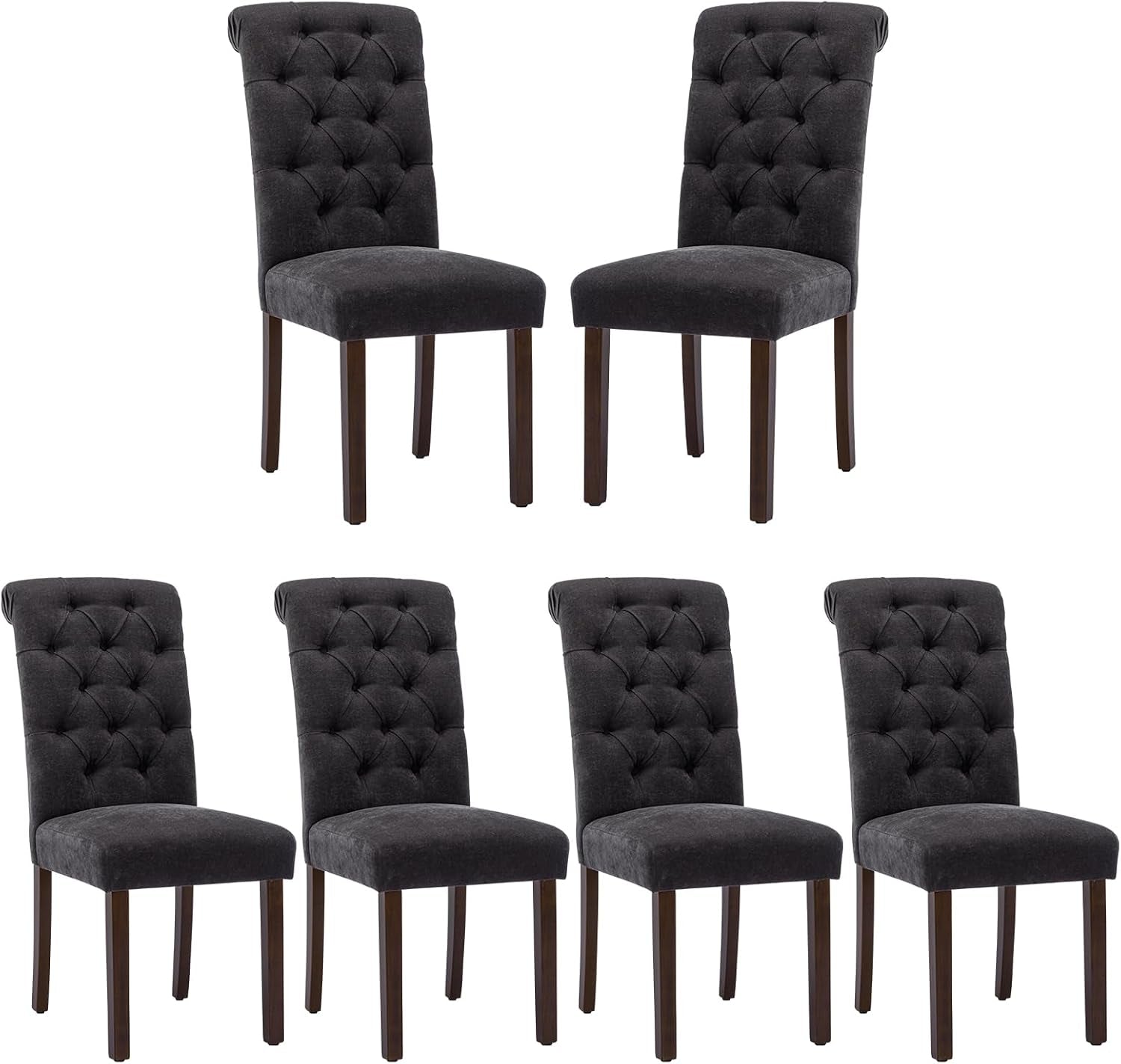 Set of six charcoal tufted chairs arranged on white background, two above four below
