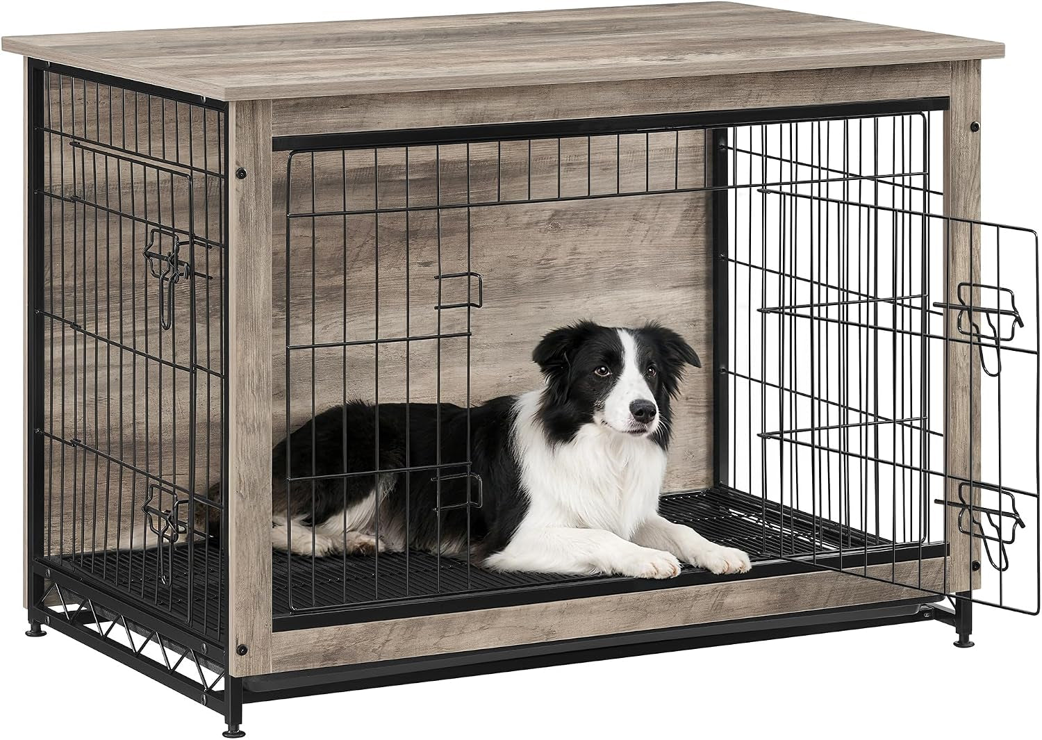 Furniture-style dog crate in rustic wood finish with front door open and black-and-white dog inside, angled front view
