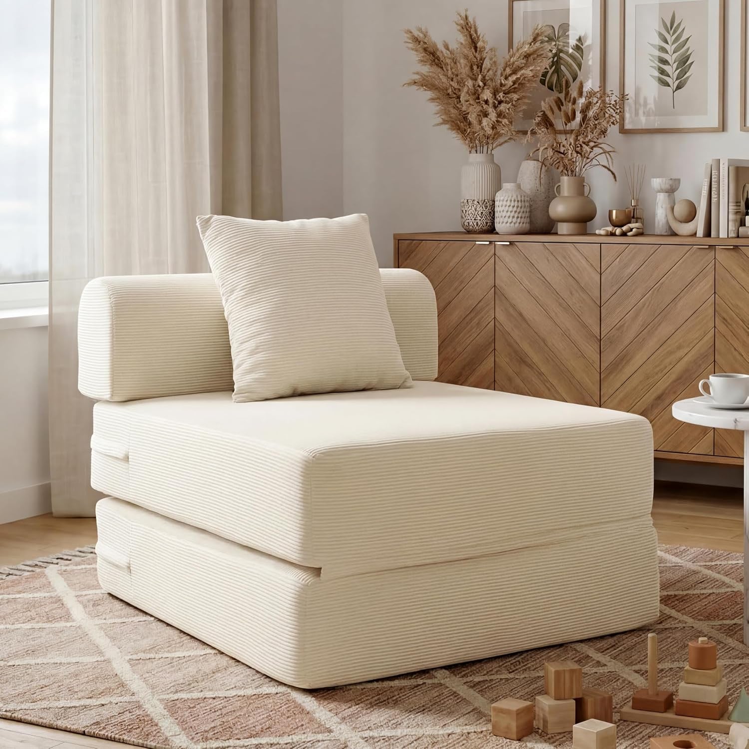 Single-seat cream corduroy module with back cushion stacked on two mattress layers beside a wooden sideboard.