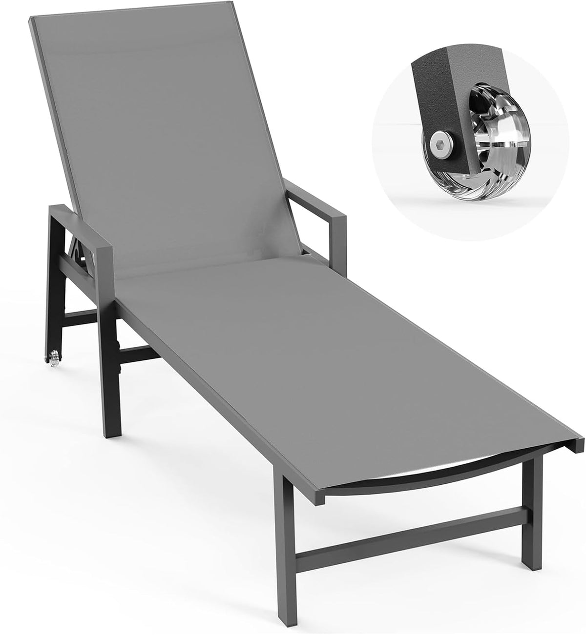 Single charcoal-framed chaise lounge with raised backrest shown on white background, caster wheel visible at rear.
