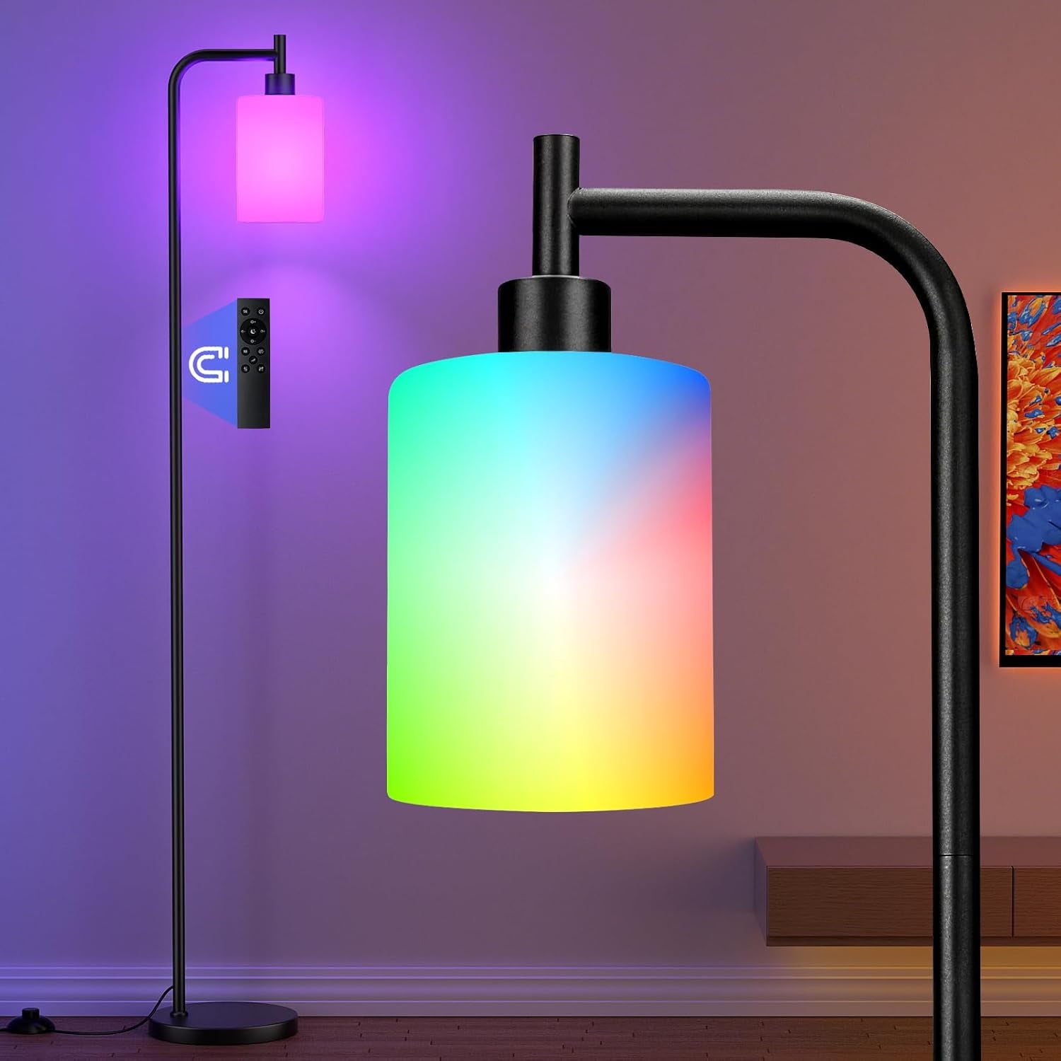 Black floor lamp shown lit with a cylindrical shade glowing in shifting rainbow colors in a living room setting.
