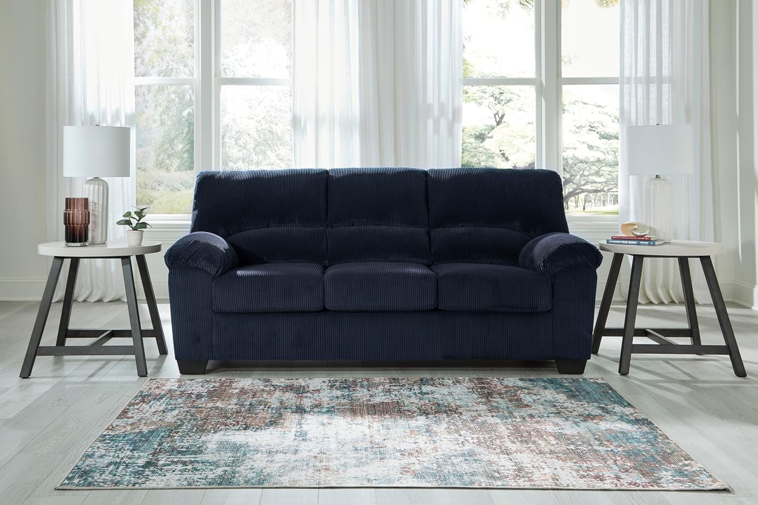 Signature Design by Ashley Sofa, 83-In Navy Corduroy, Anti-Sag Platform | No Assembly Required, Anti-Sag Platform Foundation, Plush Fiber-Wrapped Foam Cushions, Fits 32-In Doorways, Simplejoy Series