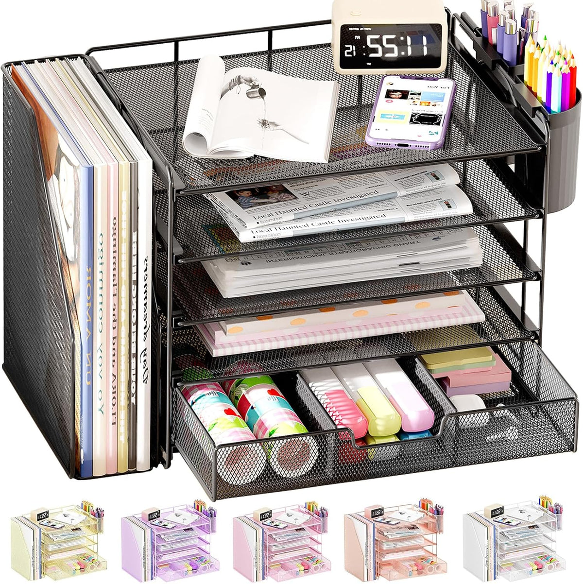 Close-up of black mesh organizer showing stacked trays, lower drawer and attached pen cup